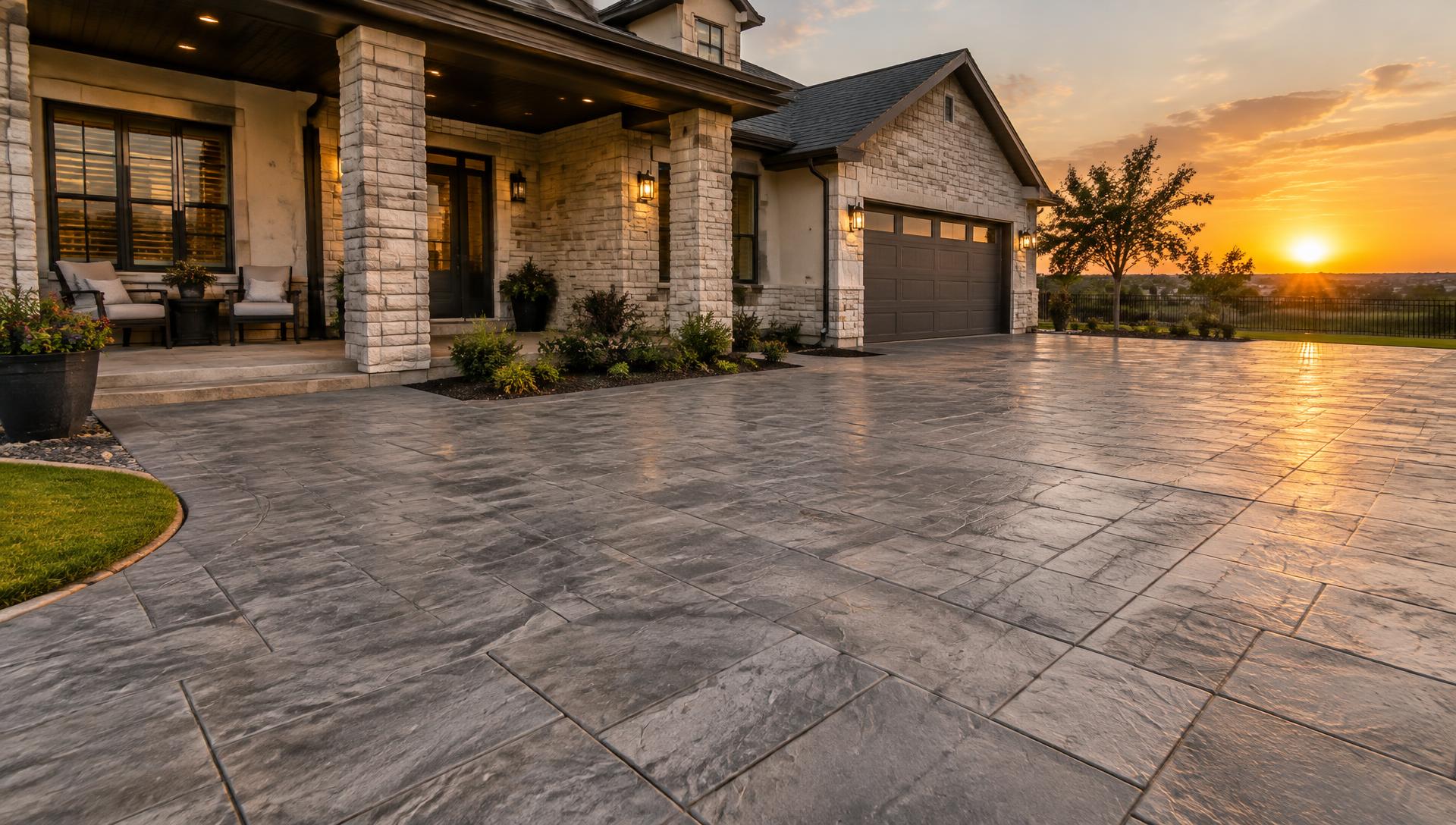 Finished stamped concrete driveway at a Texas home